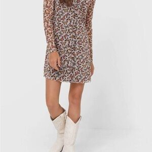 Stradivarius Mesh Butterfly Print Long Sleeve Dress
